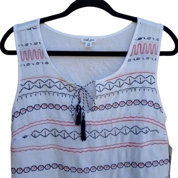 Rayon Pastel Aztec Embroidered Sleeveless Tied Scoop Tunic Tank White Sz S - Picture 4 of 10